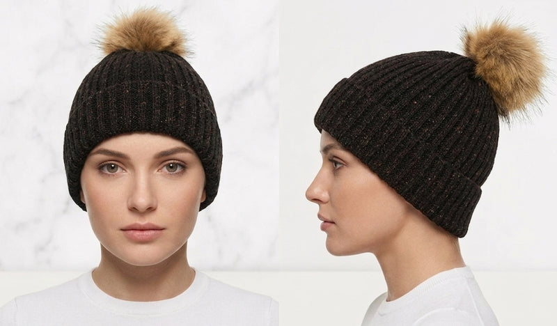 Knitted Beanie with  Fur Pom- HT1807