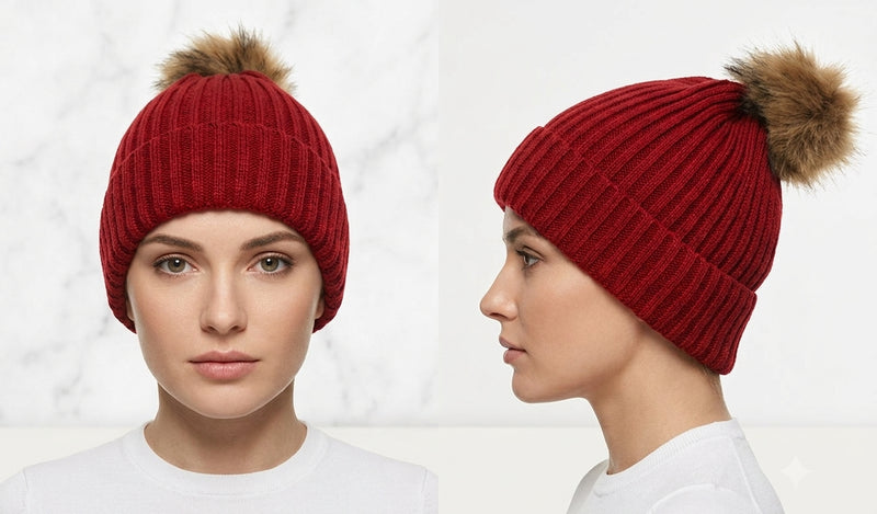 Knitted Beanie with  Fur Pom- HT1807