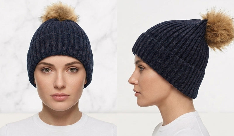Knitted Beanie with  Fur Pom- HT1807