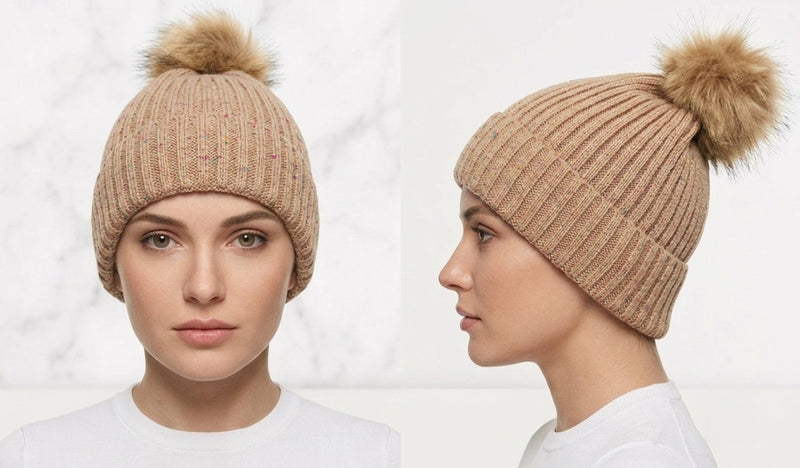 Knitted Beanie with  Fur Pom- HT1807