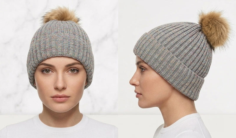 Knitted Beanie with  Fur Pom- HT1807
