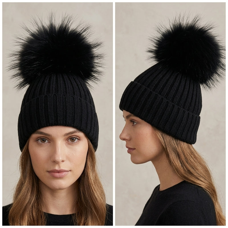 Knitted Fox Fur Pom-Pom Beanie - HT1902