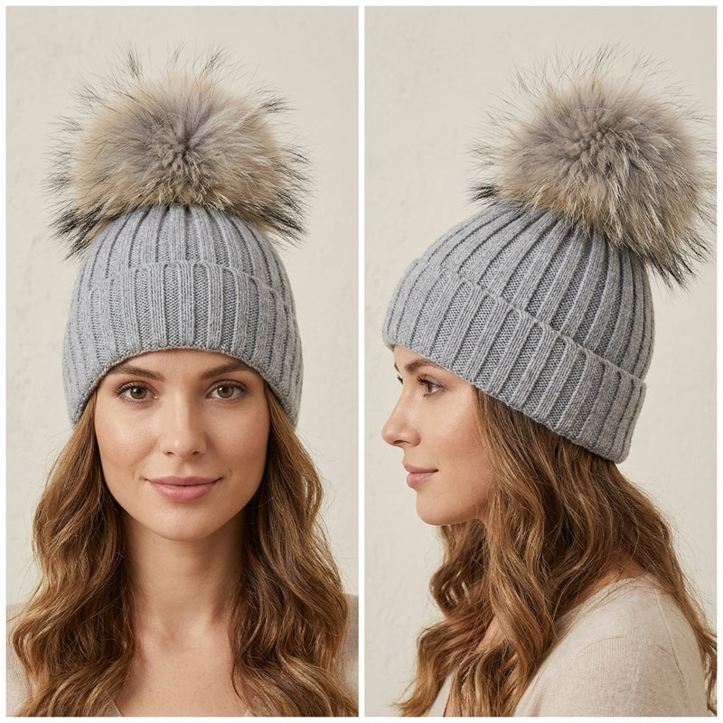 Knitted Fox Fur Pom-Pom Beanie - HT1902