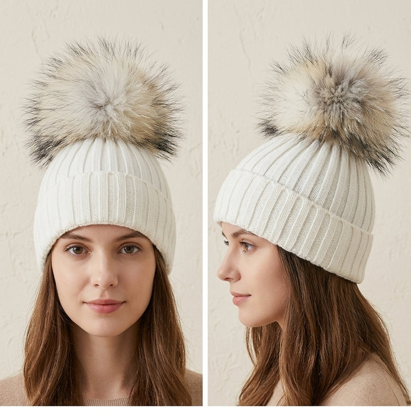 Knitted Fox Fur Pom-Pom Beanie - HT1902