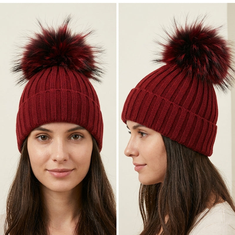 Knitted Fox Fur Pom-Pom Beanie - HT1902