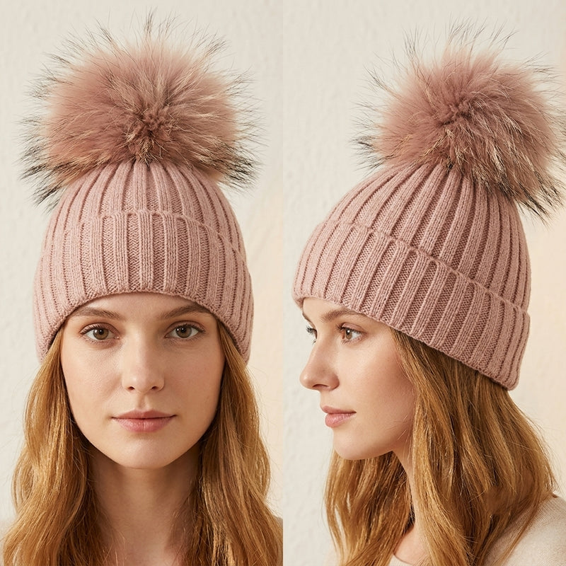 Knitted Fox Fur Pom-Pom Beanie - HT1902