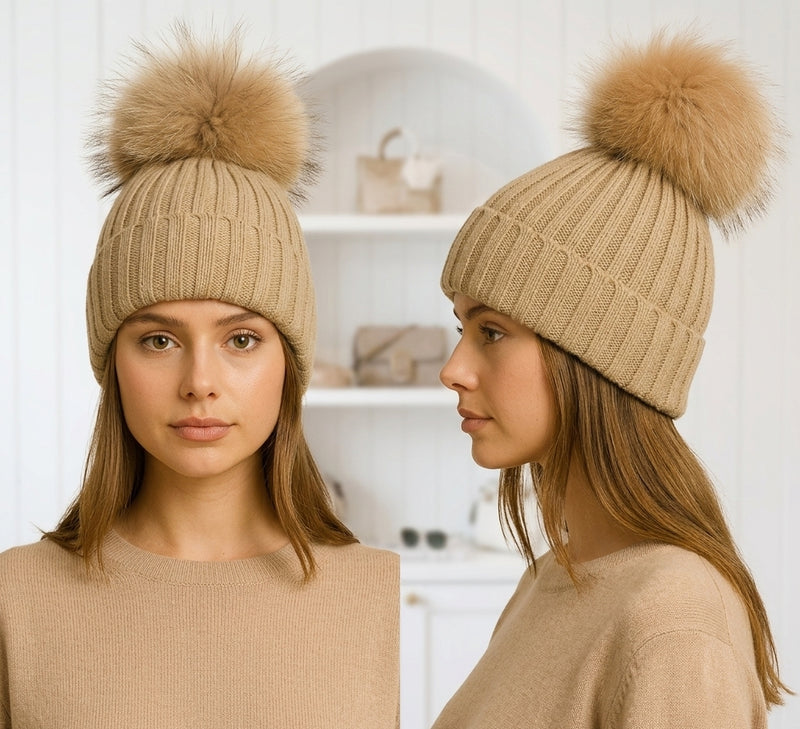 Knitted Fox Fur Pom-Pom Beanie - HT1902