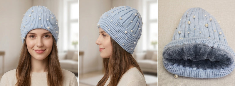 Fleece Lined Pearl Knit Hat-HT1903