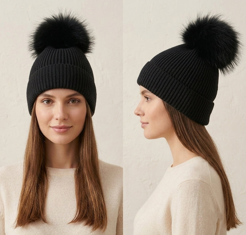 Fox Fur Pom-Pom Beanie - HT2001