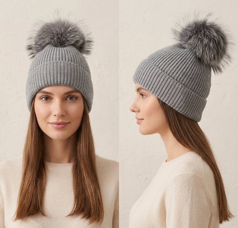 Fox Fur Pom-Pom Beanie - HT2001
