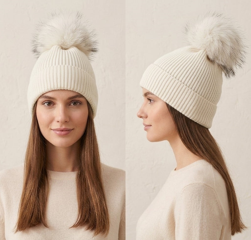 Fox Fur Pom-Pom Beanie - HT2001