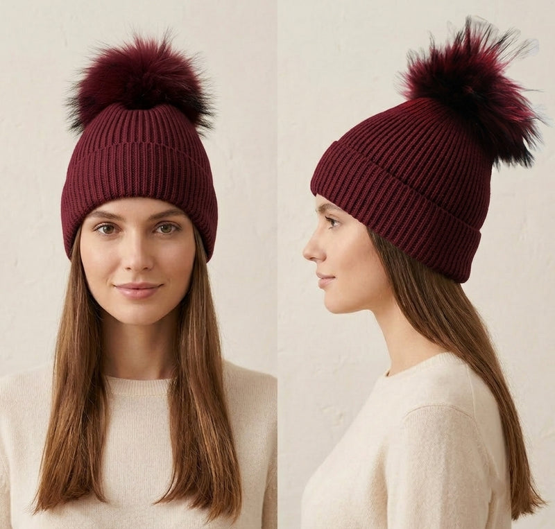 Fox Fur Pom-Pom Beanie - HT2001