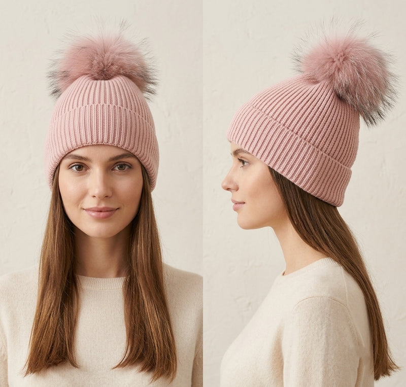 Fox Fur Pom-Pom Beanie - HT2001