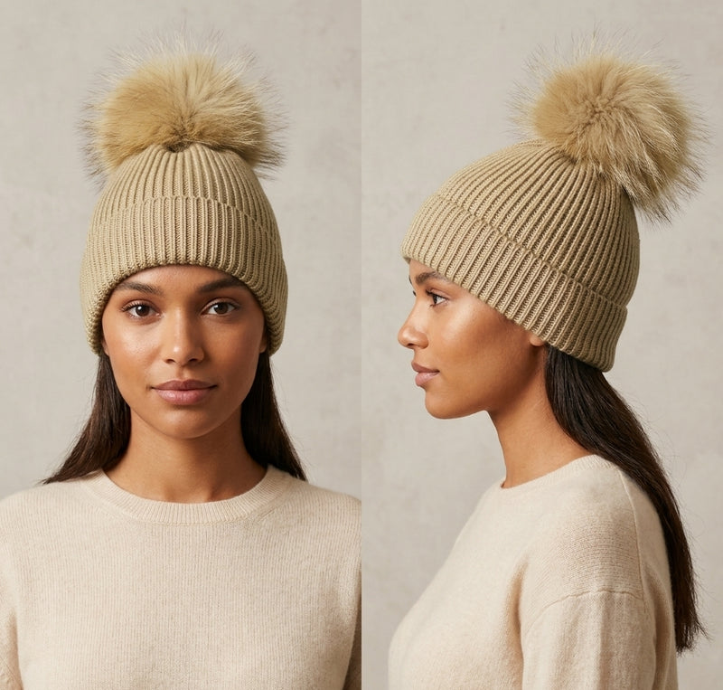 Fox Fur Pom-Pom Beanie - HT2001