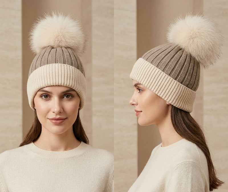 Two-Tone Knit Beanie with Fur Pom - HT2003