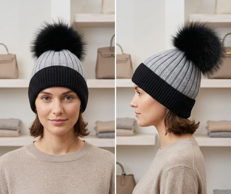 Two-Tone Knit Beanie with Fur Pom - HT2003