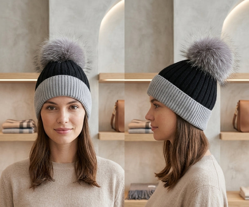 Two-Tone Knit Beanie with Fur Pom - HT2003