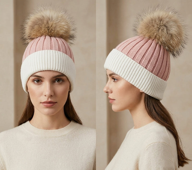 Two-Tone Knit Beanie with Fur Pom - HT2003