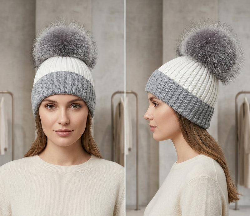 Two-Tone Knit Beanie with Fur Pom - HT2003