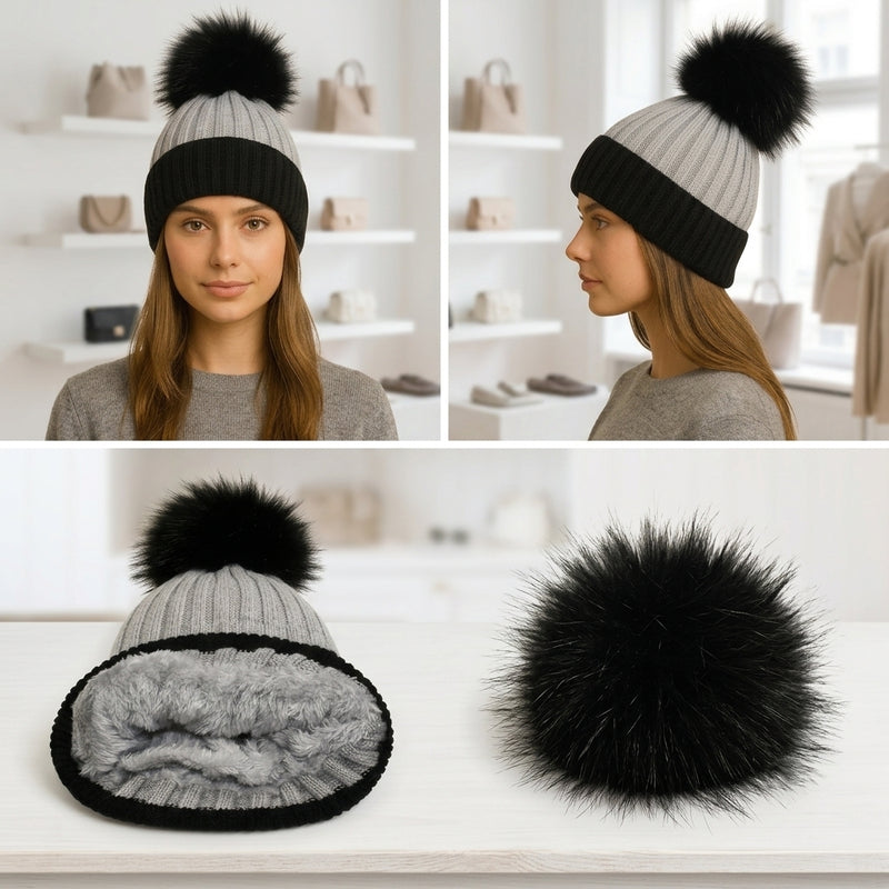 Two-Tone Knit Beanie with Fur Pom - HT2003