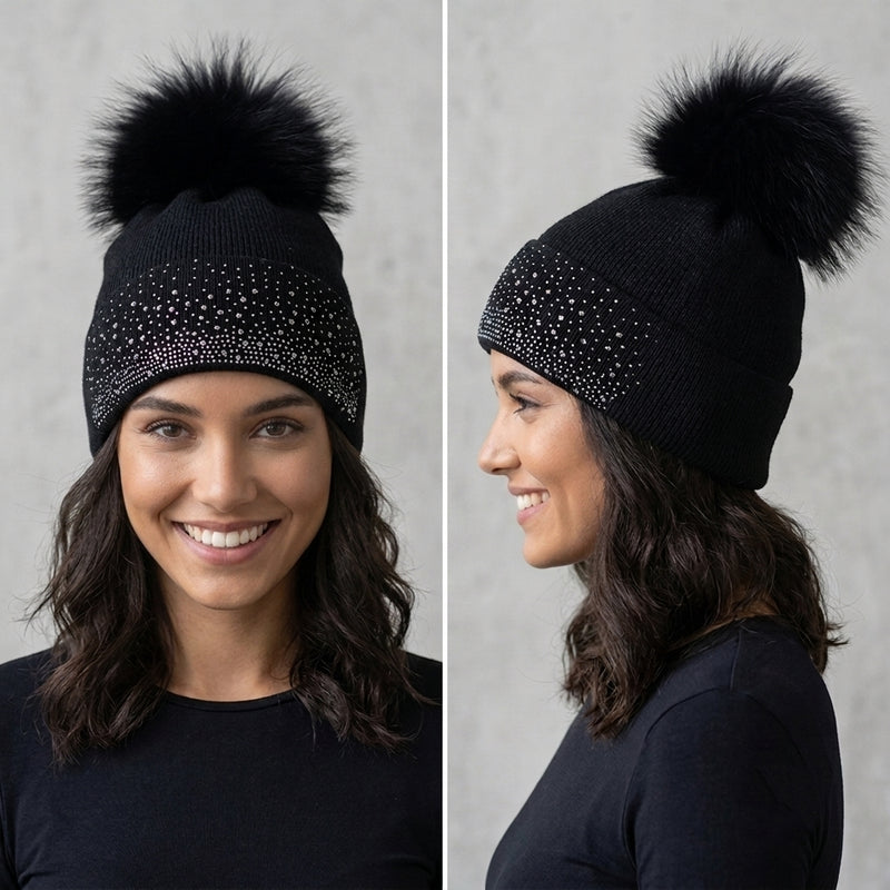 Rhinestone Beanie with Fur Pom - HT2101