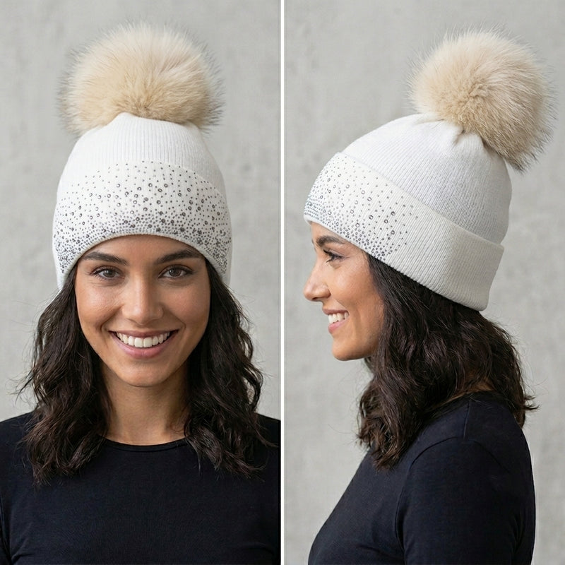 Rhinestone Beanie with Fur Pom - HT2101
