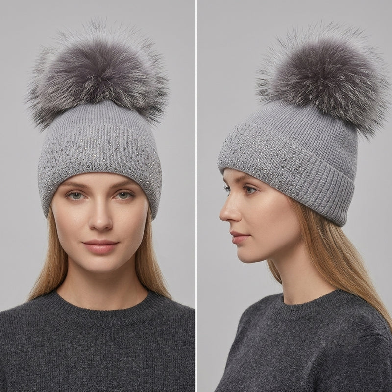 Rhinestone Beanie with Fur Pom - HT2101
