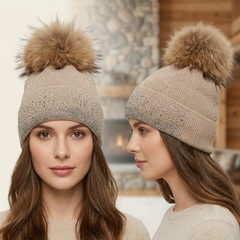 Rhinestone Beanie with Fur Pom - HT2101