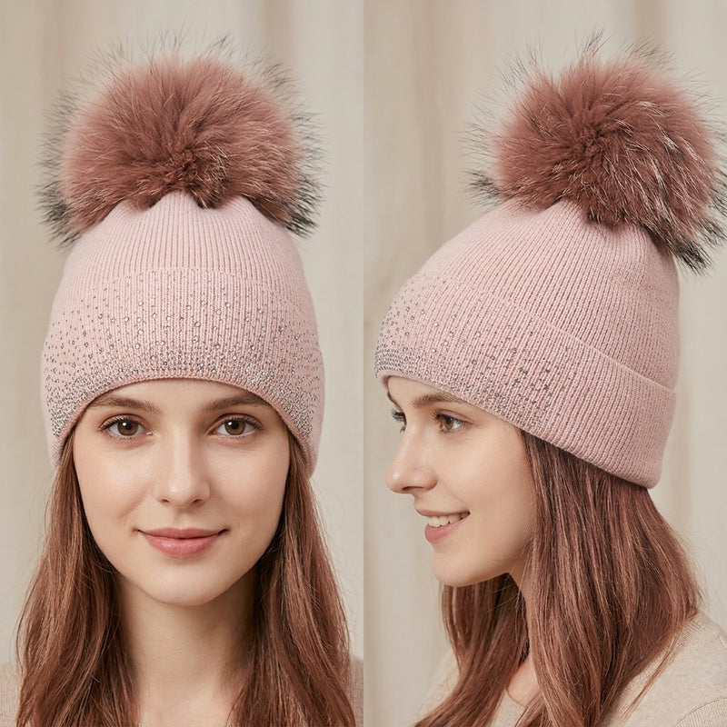 Rhinestone Beanie with Fur Pom - HT2101