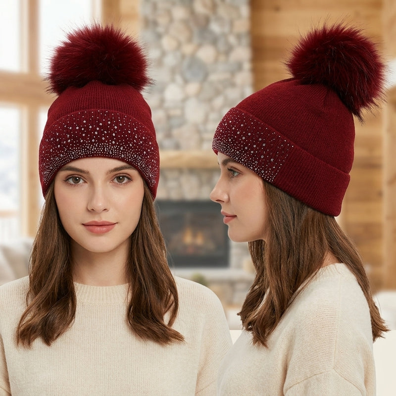 Rhinestone Beanie with Fur Pom - HT2101