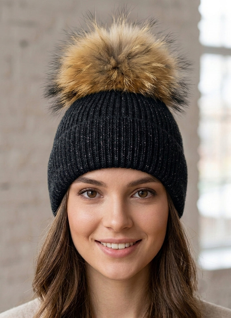 Sparkly Knit Beanie with Fox Fur Pom- HT2102