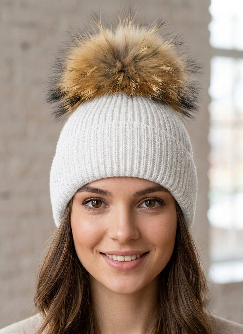 Sparkly Knit Beanie with Fox Fur Pom- HT2102