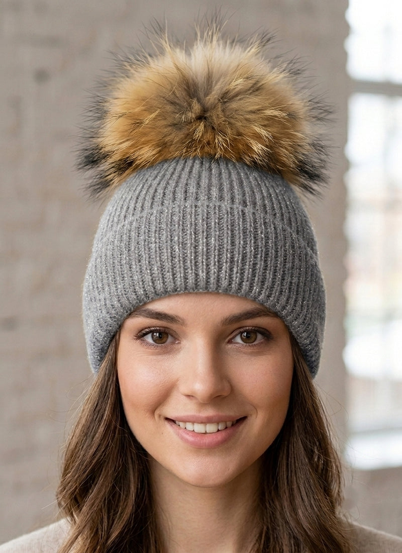 Sparkly Knit Beanie with Fox Fur Pom- HT2102