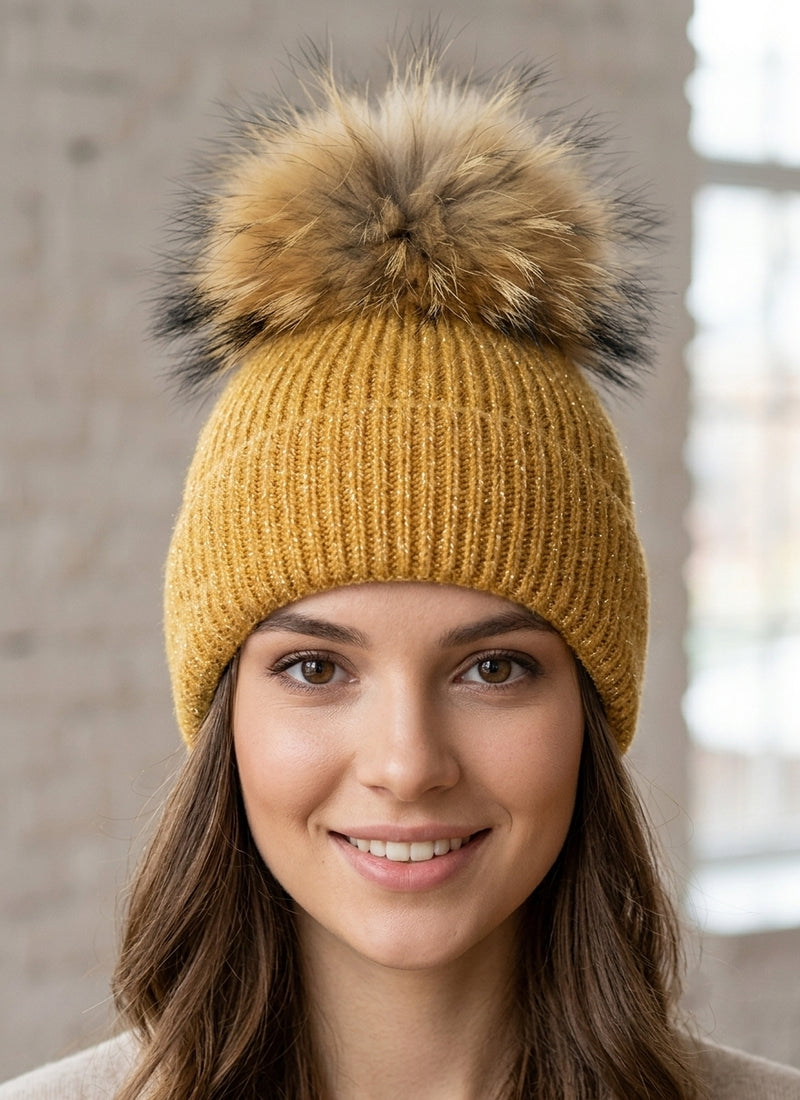 Sparkly Knit Beanie with Fox Fur Pom- HT2102