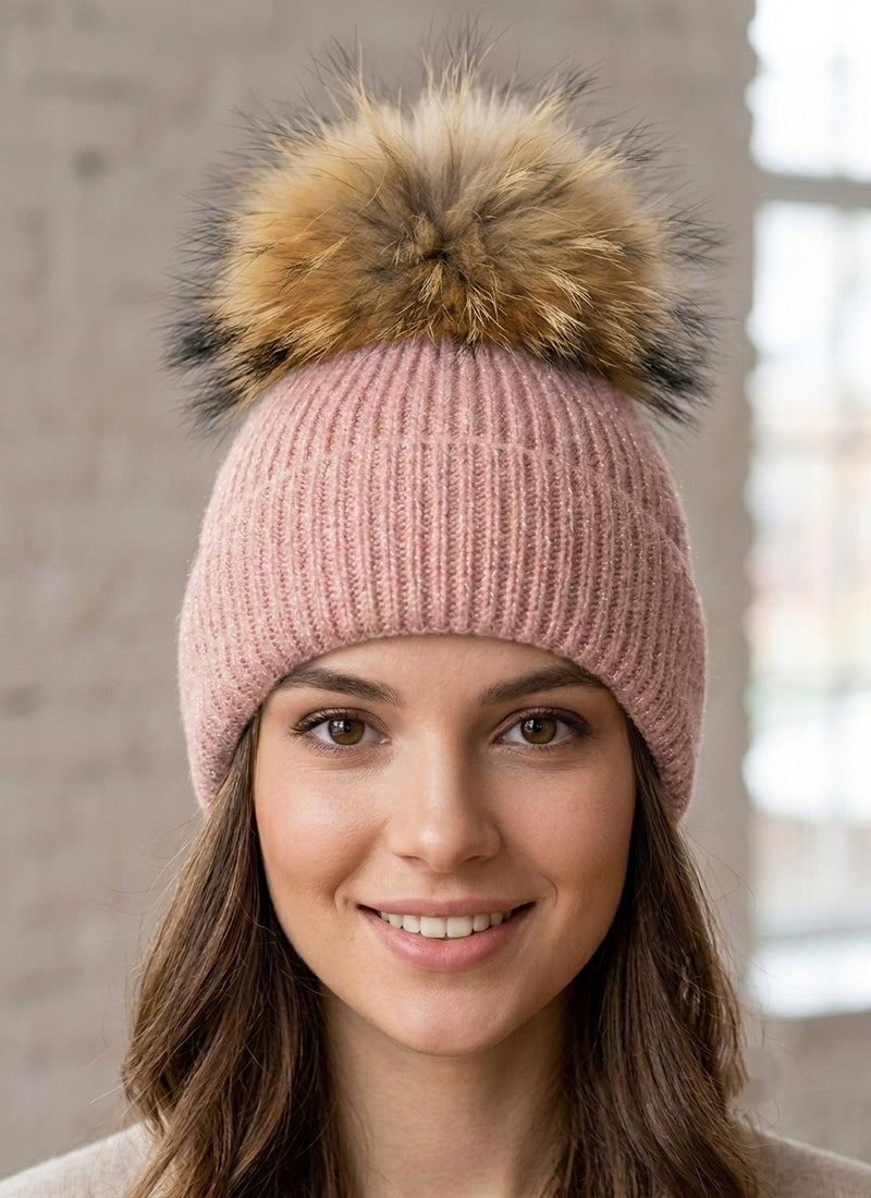 Sparkly Knit Beanie with Fox Fur Pom- HT2102