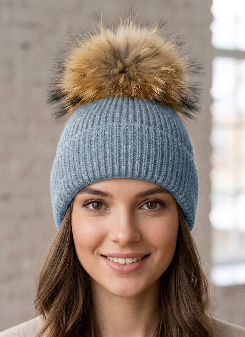 Sparkly Knit Beanie with Fox Fur Pom- HT2102