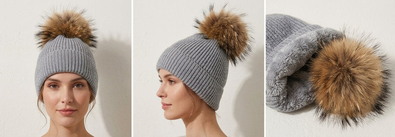 Sparkly Knit Beanie with Fox Fur Pom- HT2102