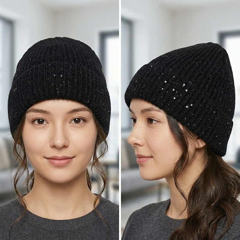Sparkly Fleece-Lined Knit Beanie - HT2103