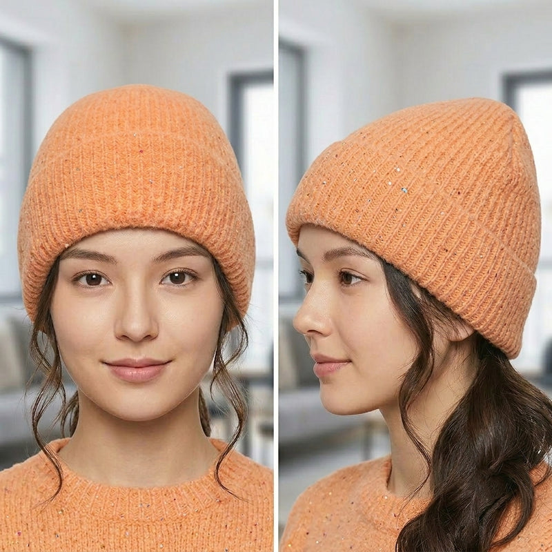 Sparkly Fleece-Lined Knit Beanie - HT2103
