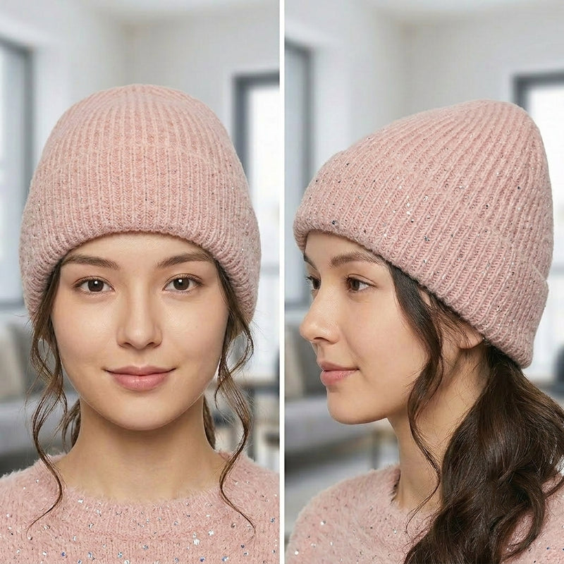 Sparkly Fleece-Lined Knit Beanie - HT2103