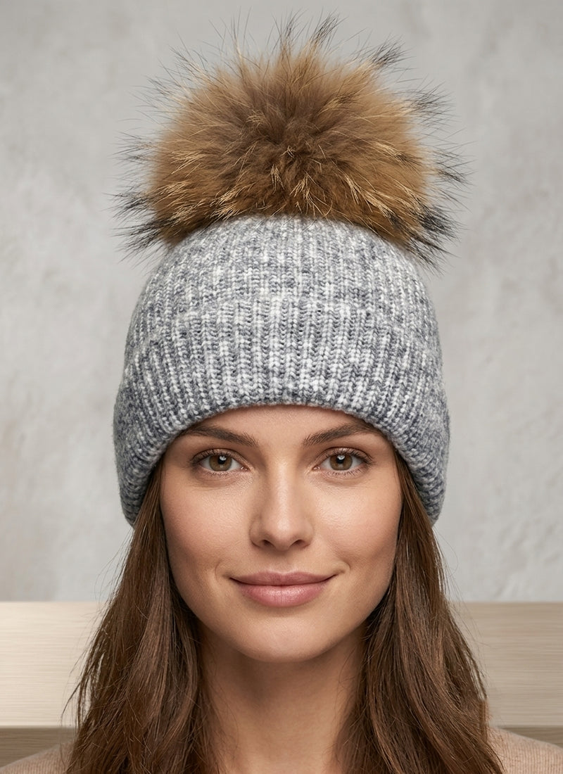 Knit Beanie with Fox Pom-HT2105