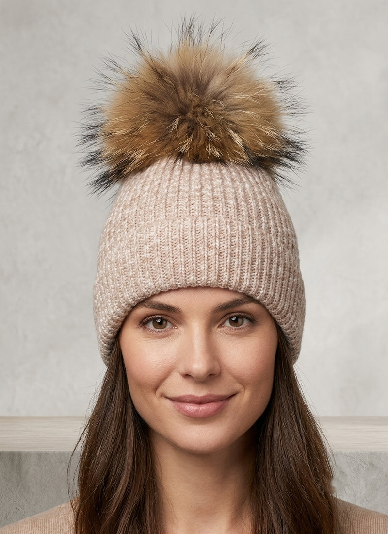 Knit Beanie with Fox Pom-HT2105