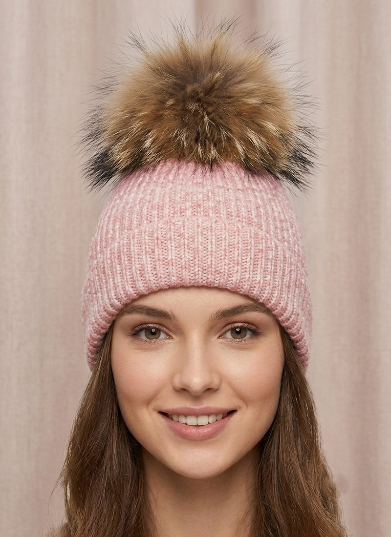 Knit Beanie with Fox Pom-HT2105