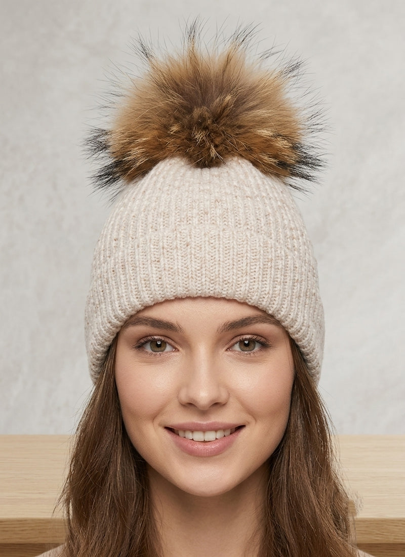 Knit Beanie with Fox Pom-HT2105