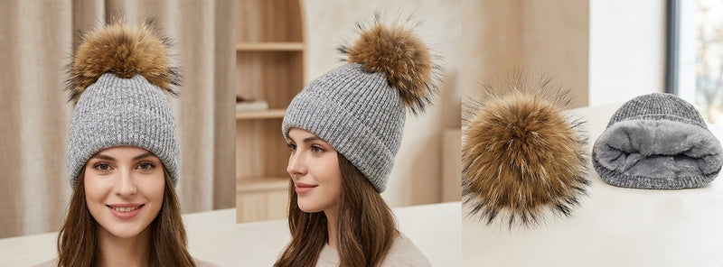 Knit Beanie with Fox Pom-HT2105