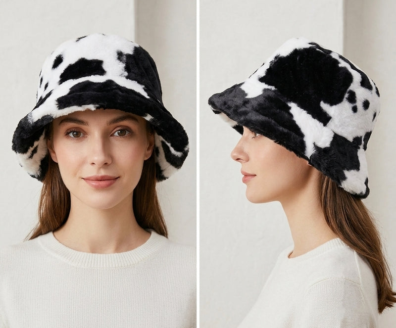 Cow Print Faux Fur Bucket Hat-HT2202