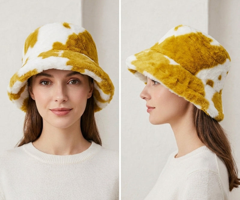 Cow Print Faux Fur Bucket Hat-HT2202