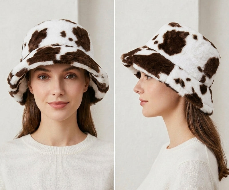 Cow Print Faux Fur Bucket Hat-HT2202