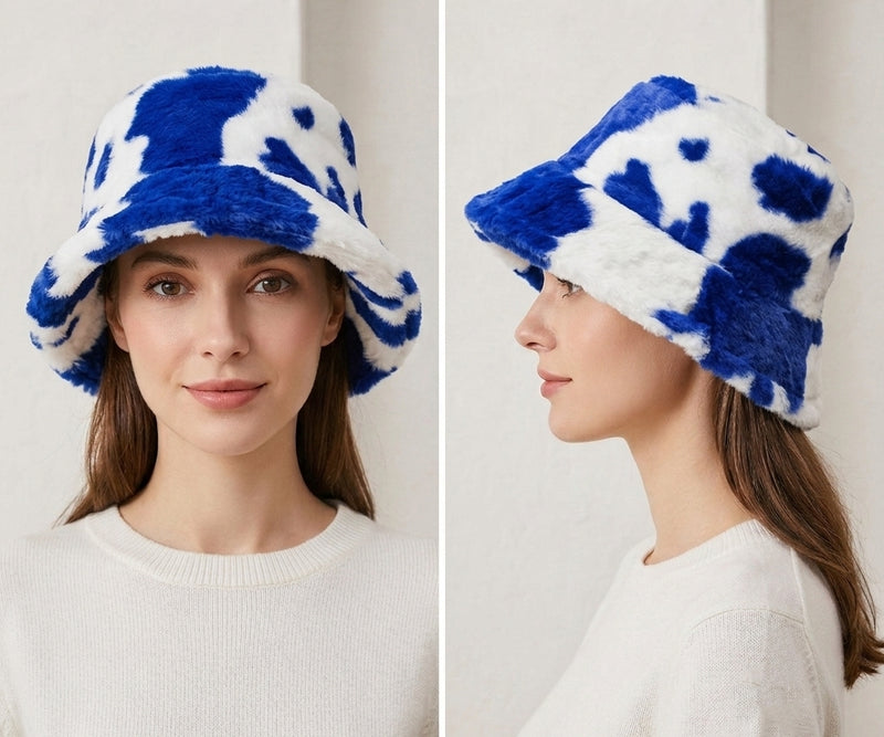 Cow Print Faux Fur Bucket Hat-HT2202