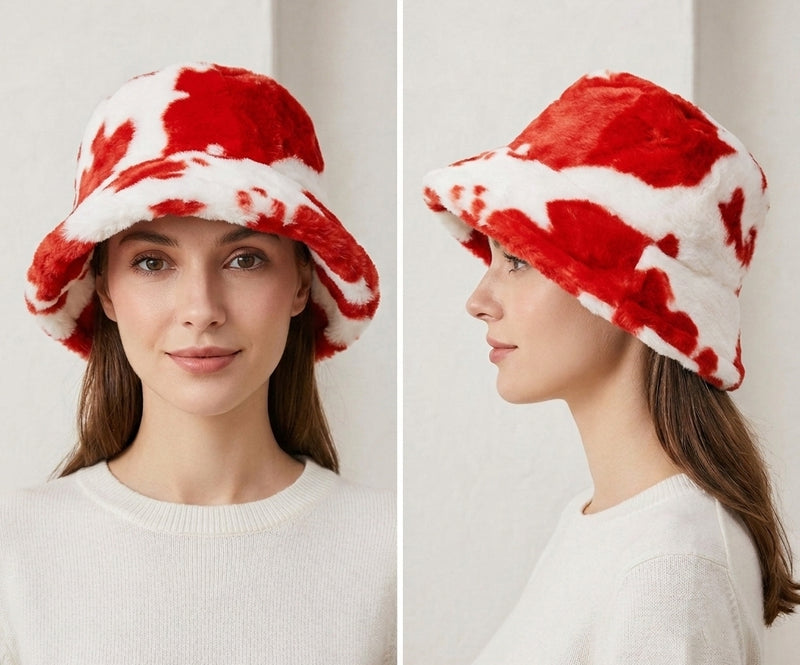 Cow Print Faux Fur Bucket Hat-HT2202